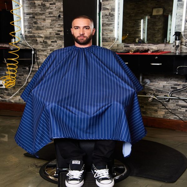 Barber Strong The Barber Cape Blue W white Pinstripe