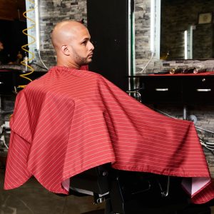 barber strong - the barber cape - red w/white pinstripe